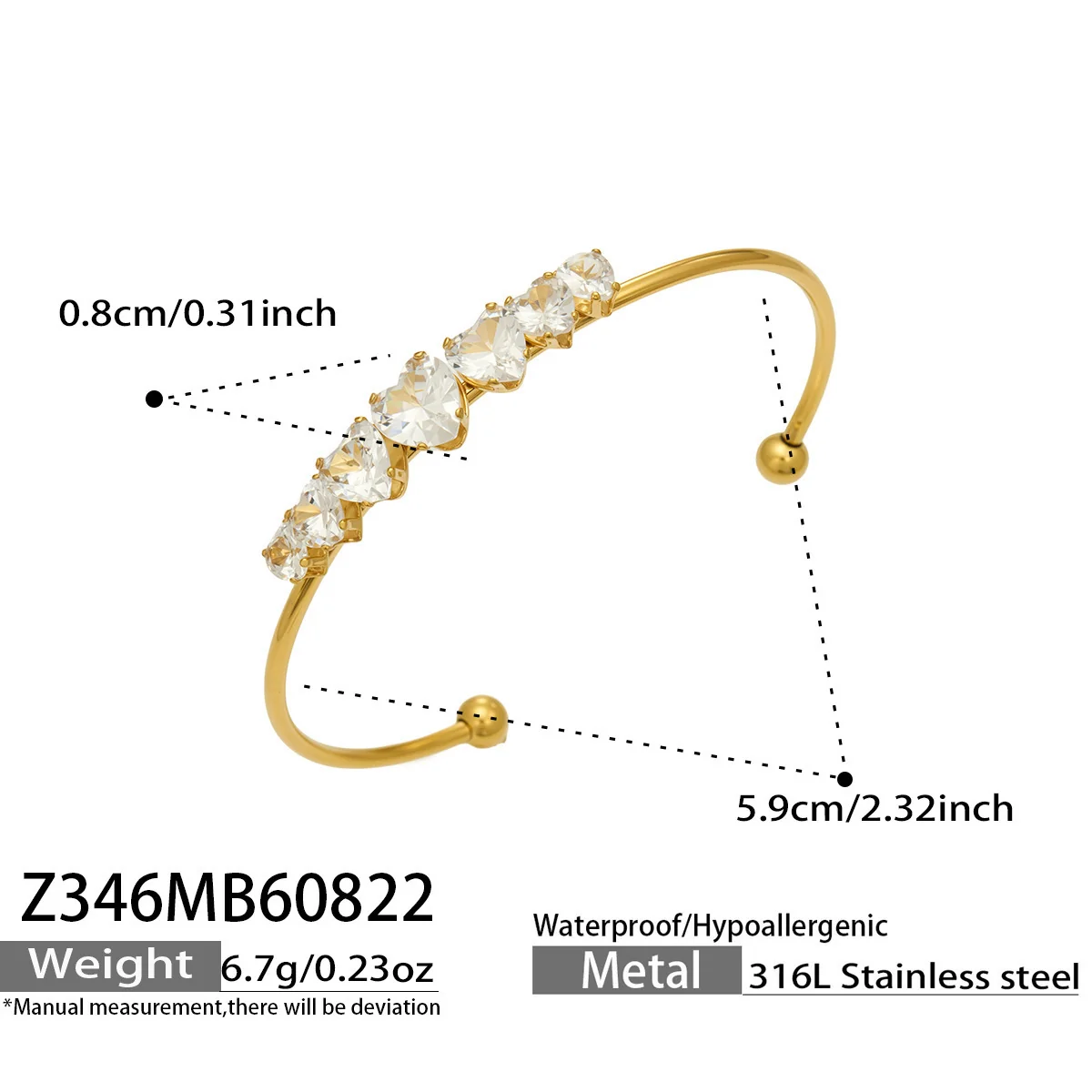 Cuff Bangle Heart-Cut CZ Gold-Plated 316 Stainless Steel - Dimensions