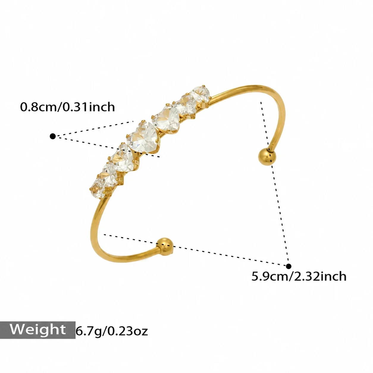 Cuff Bangle Heart-Cut CZ Gold-Plated 316 Stainless Steel - Gold
