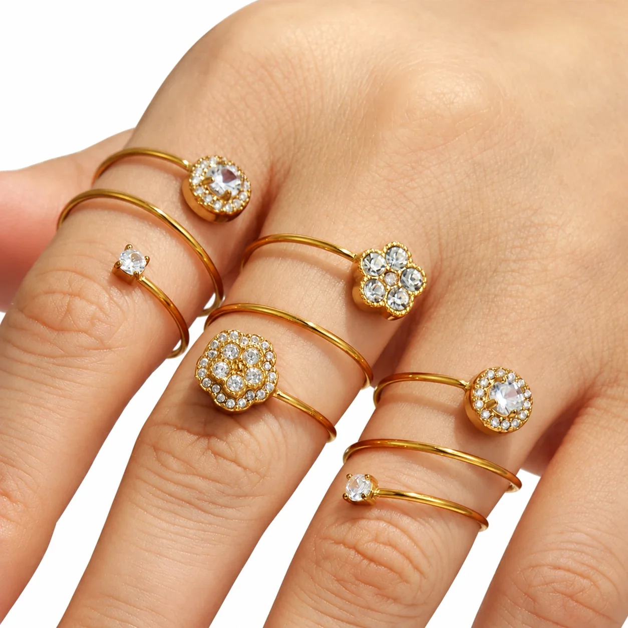 Ring: Open Flower and Halo CZ Stainless Steel Gold PVD