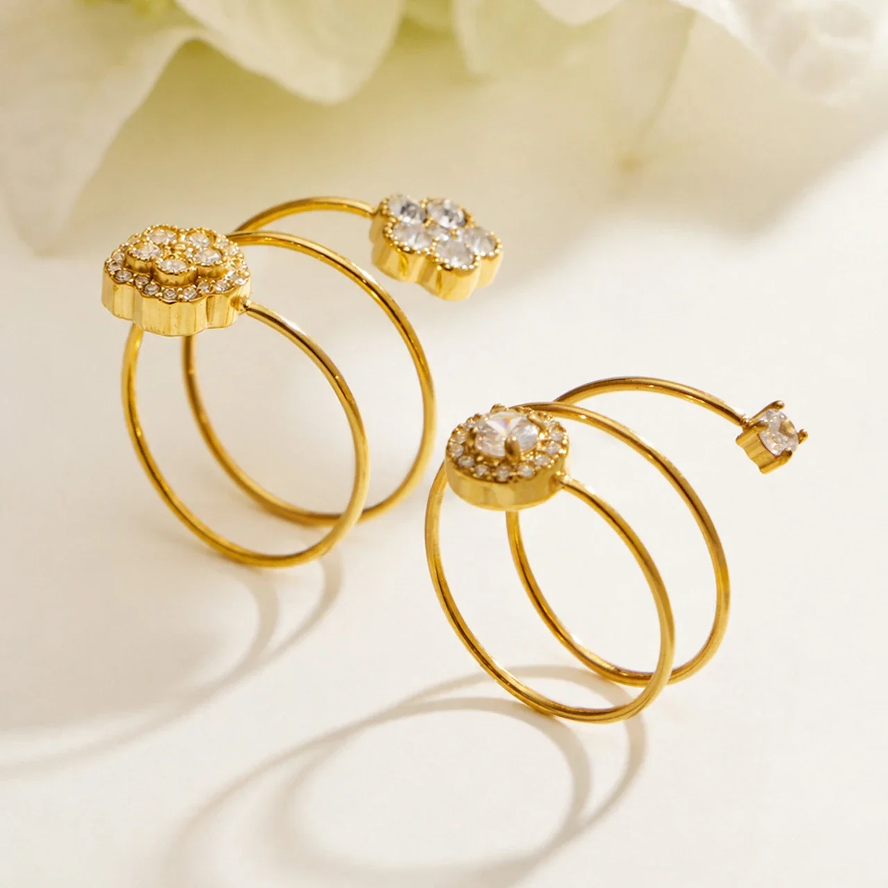 Ring: Open Flower and Halo CZ Stainless Steel Gold PVD