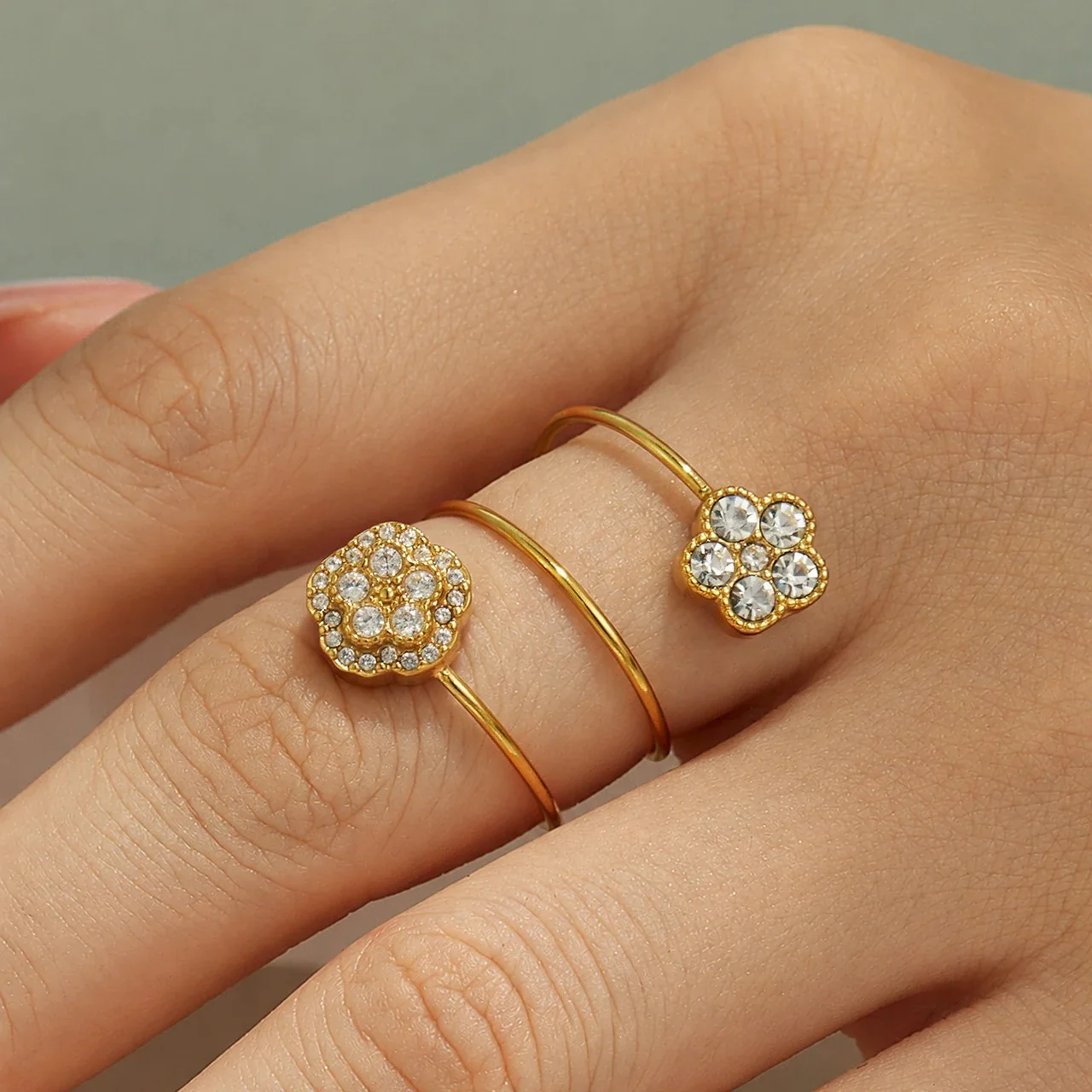 Ring: Open Flower and Halo CZ Stainless Steel Gold PVD