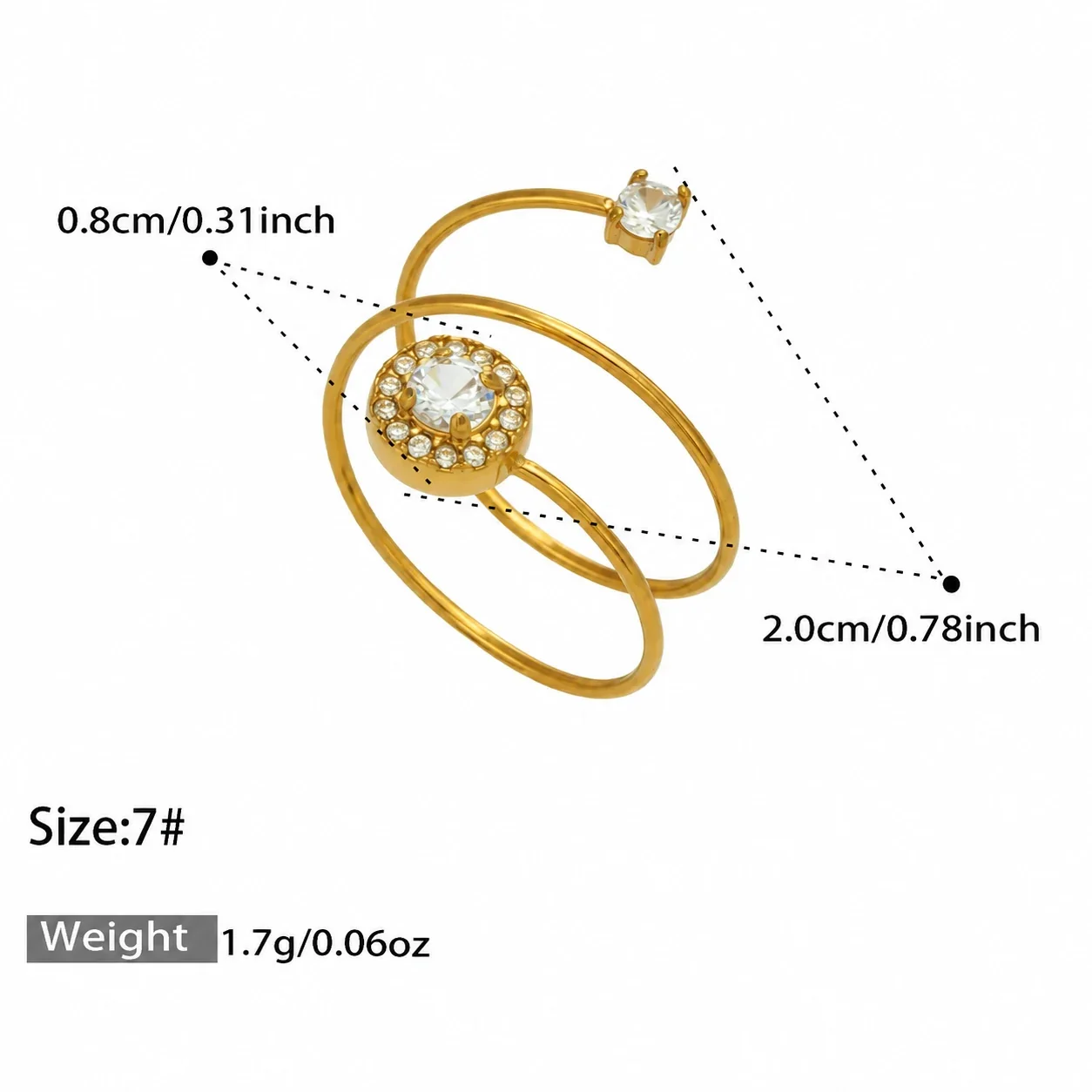 Ring: Open Flower and Halo CZ Stainless Steel Gold PVD - Gold Round CZ Open
