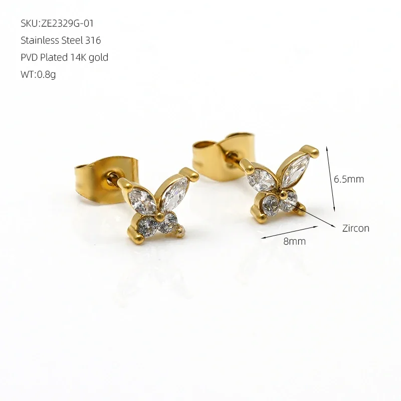 Petite Marquise CZ Butterfly 316 Stainless Steel Stud Earrings - Gold Design