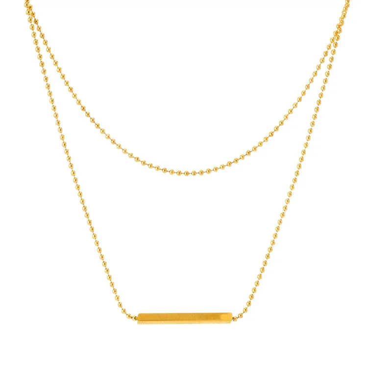 Collana Donna in Acciaio Inossidabile con Doppio Filo a Perline e Ciondolo a Barra Placcato Oro 18K