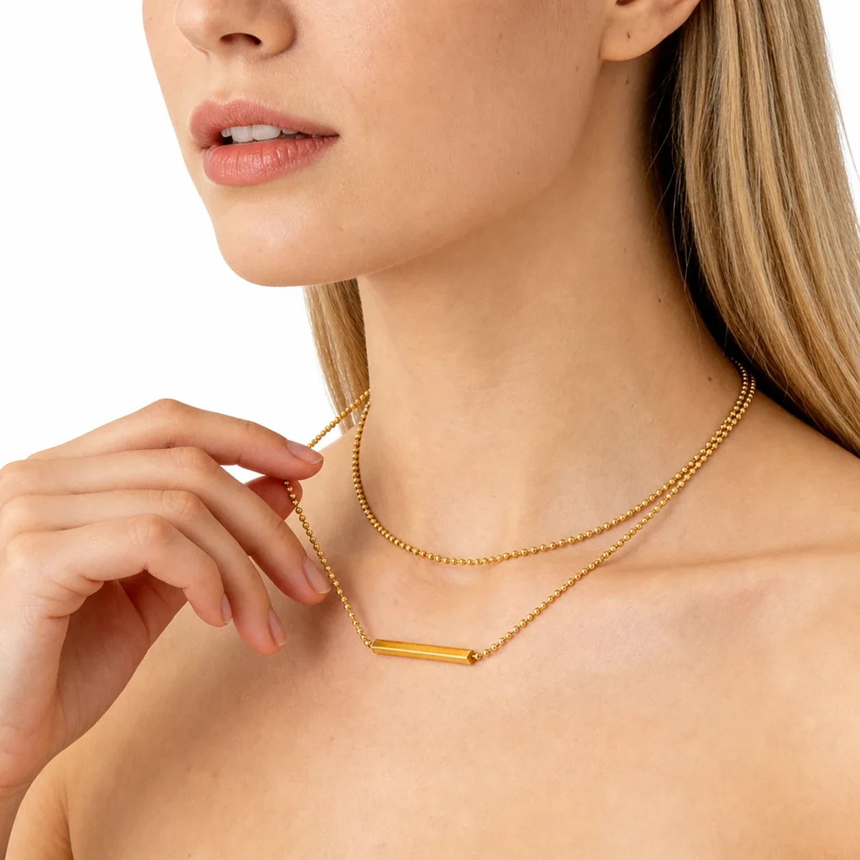 Layered 18K Gold-Plated Bead Chain Bar Pendant Necklace