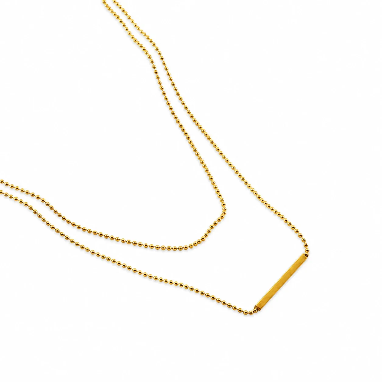 Layered 18K Gold-Plated Bead Chain Bar Pendant Necklace