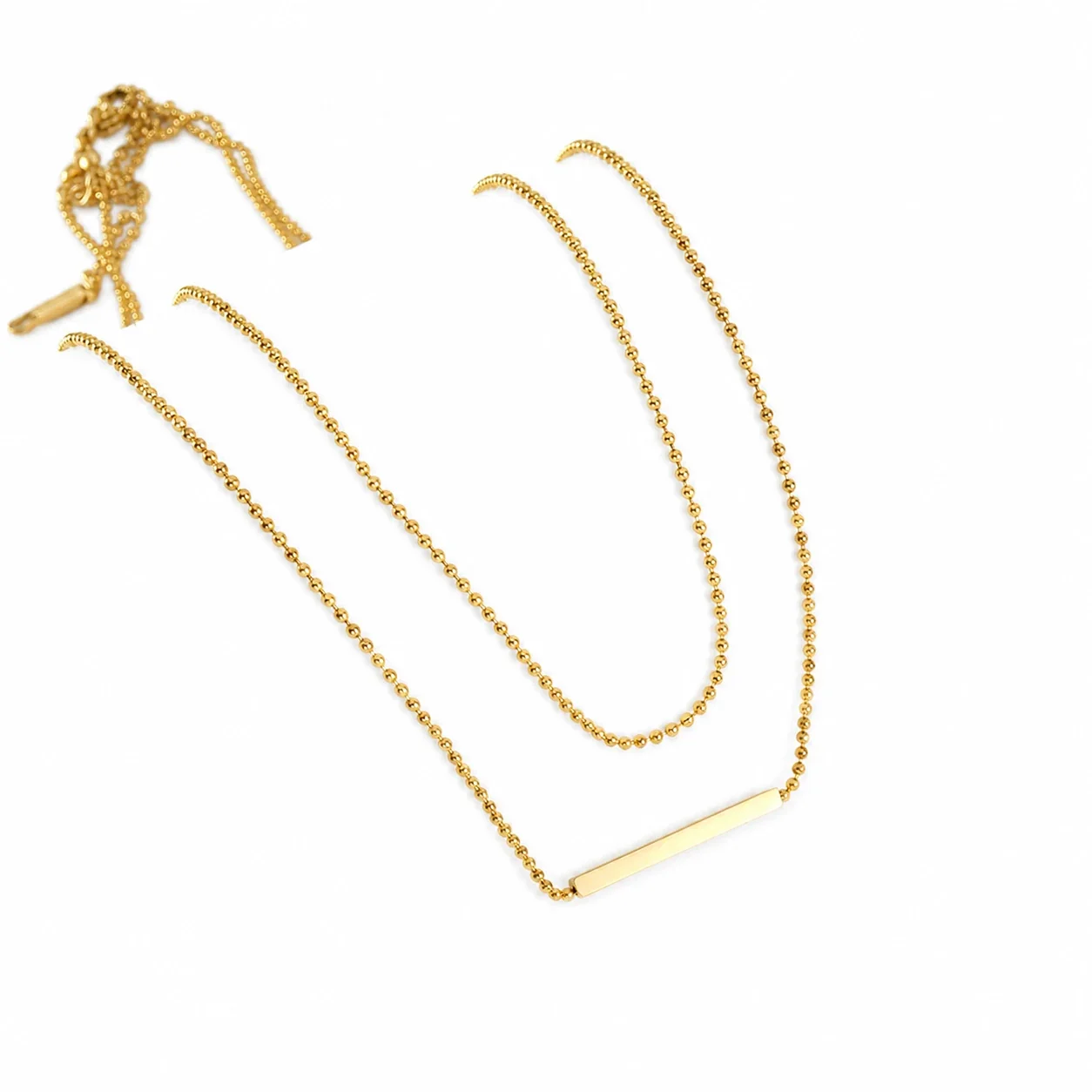 Layered 18K Gold-Plated Bead Chain Bar Pendant Necklace