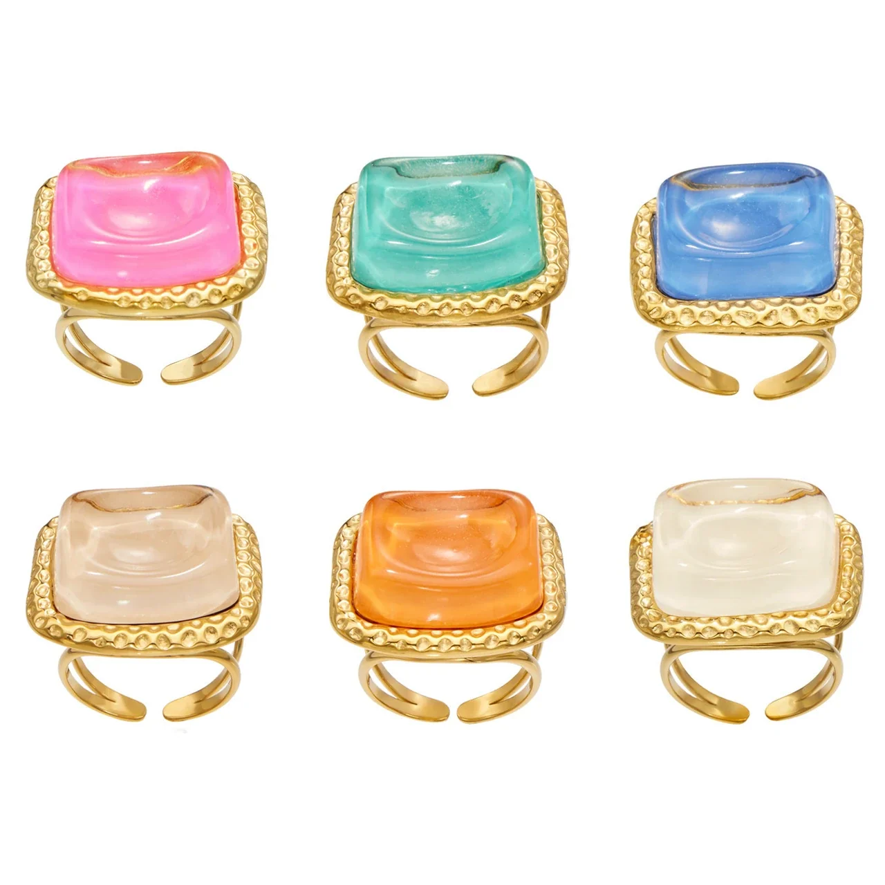 Ring, Resin Square Cabochon & Hammered Gold-Plated Steel