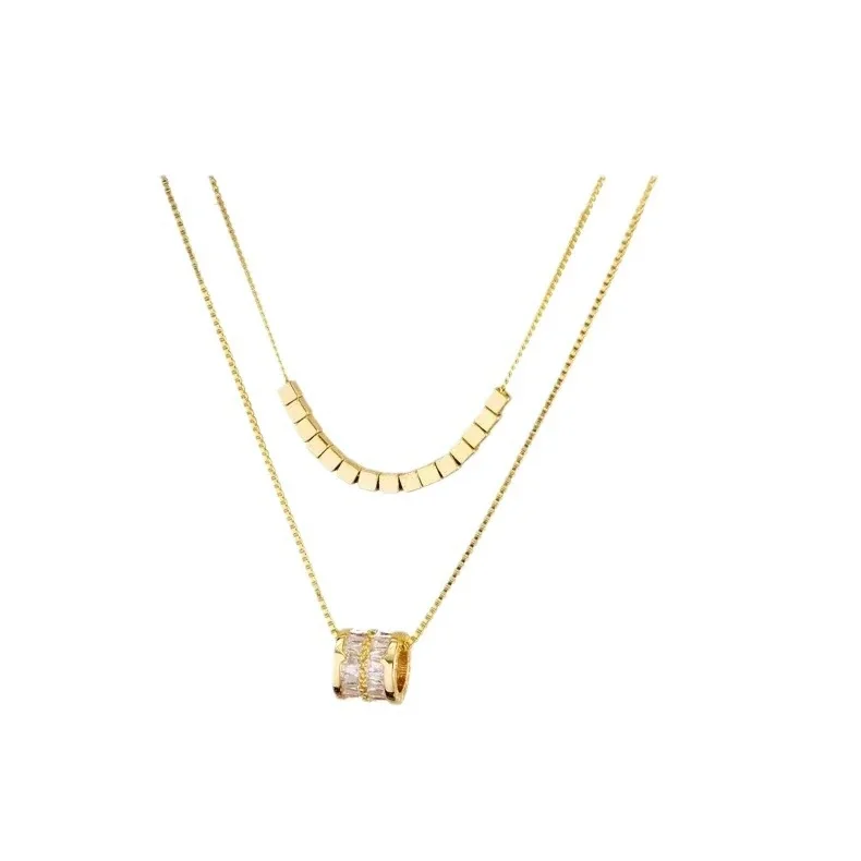 Gelaagde ketting met kubuskralen en cilindervormige hanger, verguld roestvrij staal