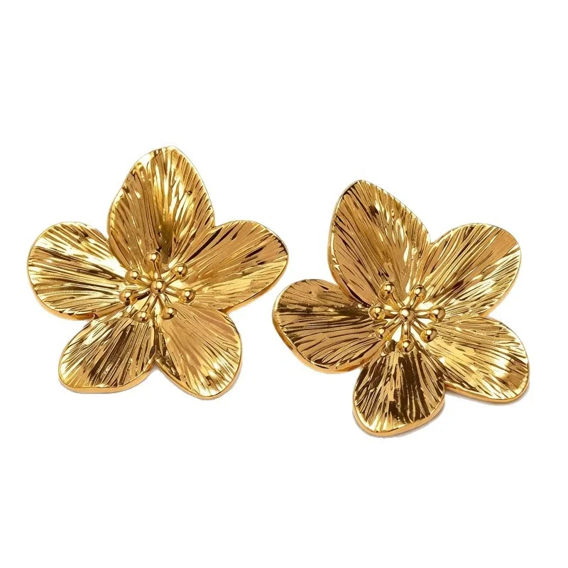Flower Stud Earrings Ribbed Petals 316 Stainless Steel Gold PVD