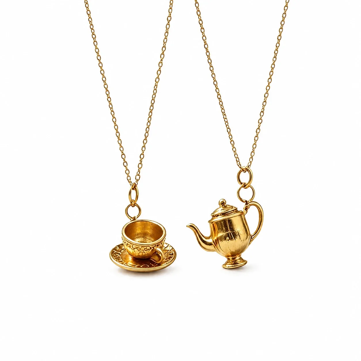 Whimsical 18K Gold-Plated Teacup Teapot Pendant Necklace