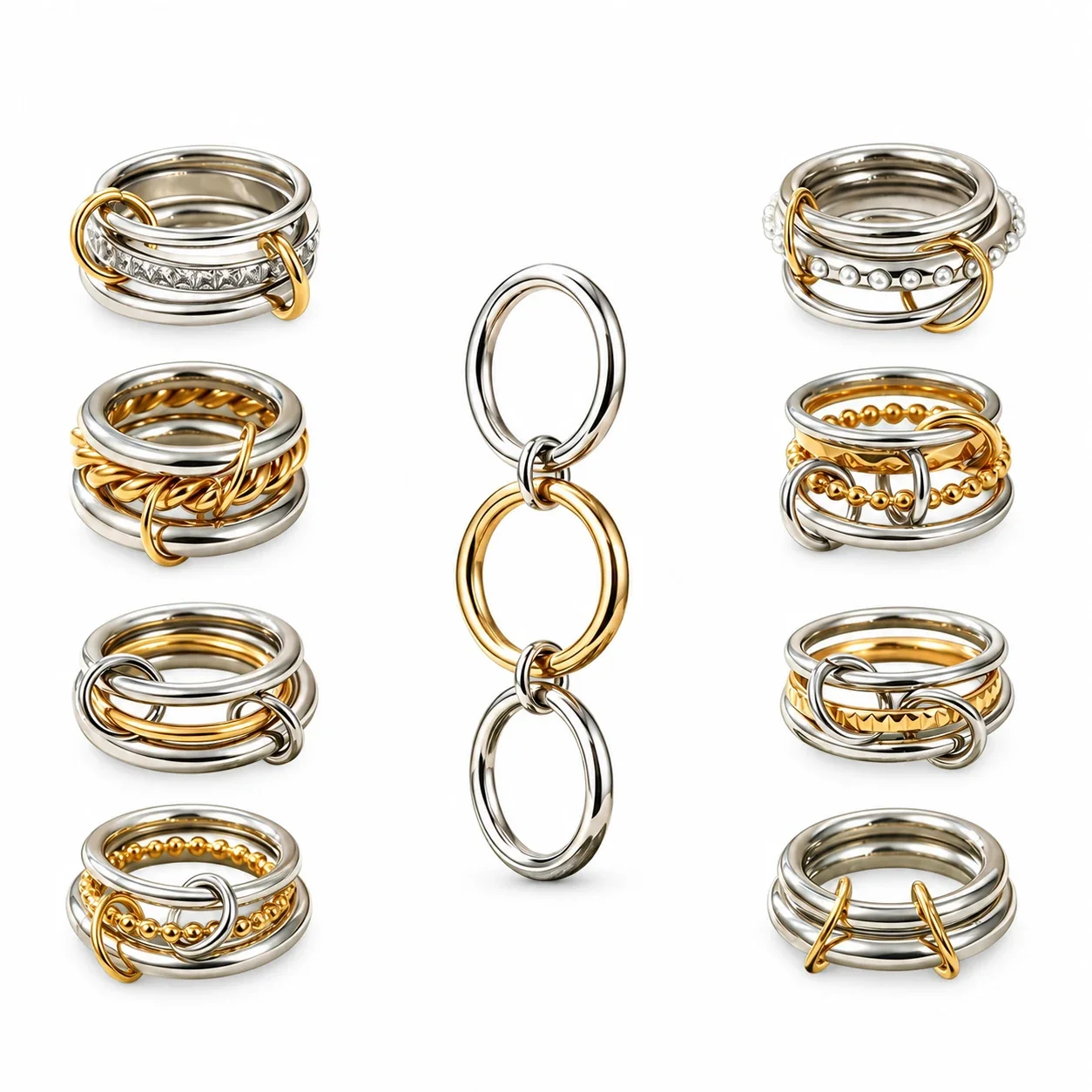 Stapring, Drie In Elkaar Grijpende Banden, Verguld Roestvrij Staal productfoto