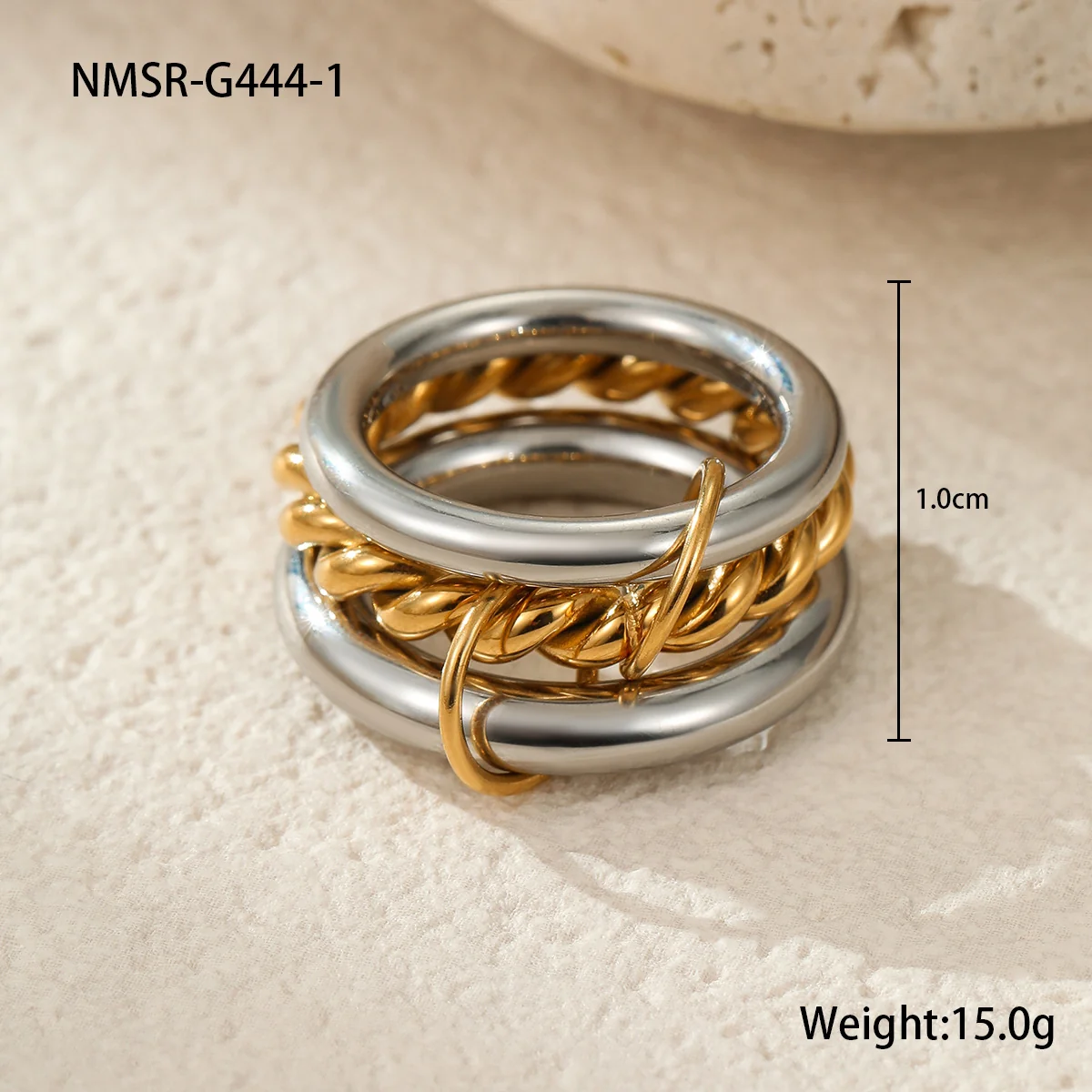 Stapring, Drie In Elkaar Grijpende Banden, Verguld Roestvrij Staal productfoto