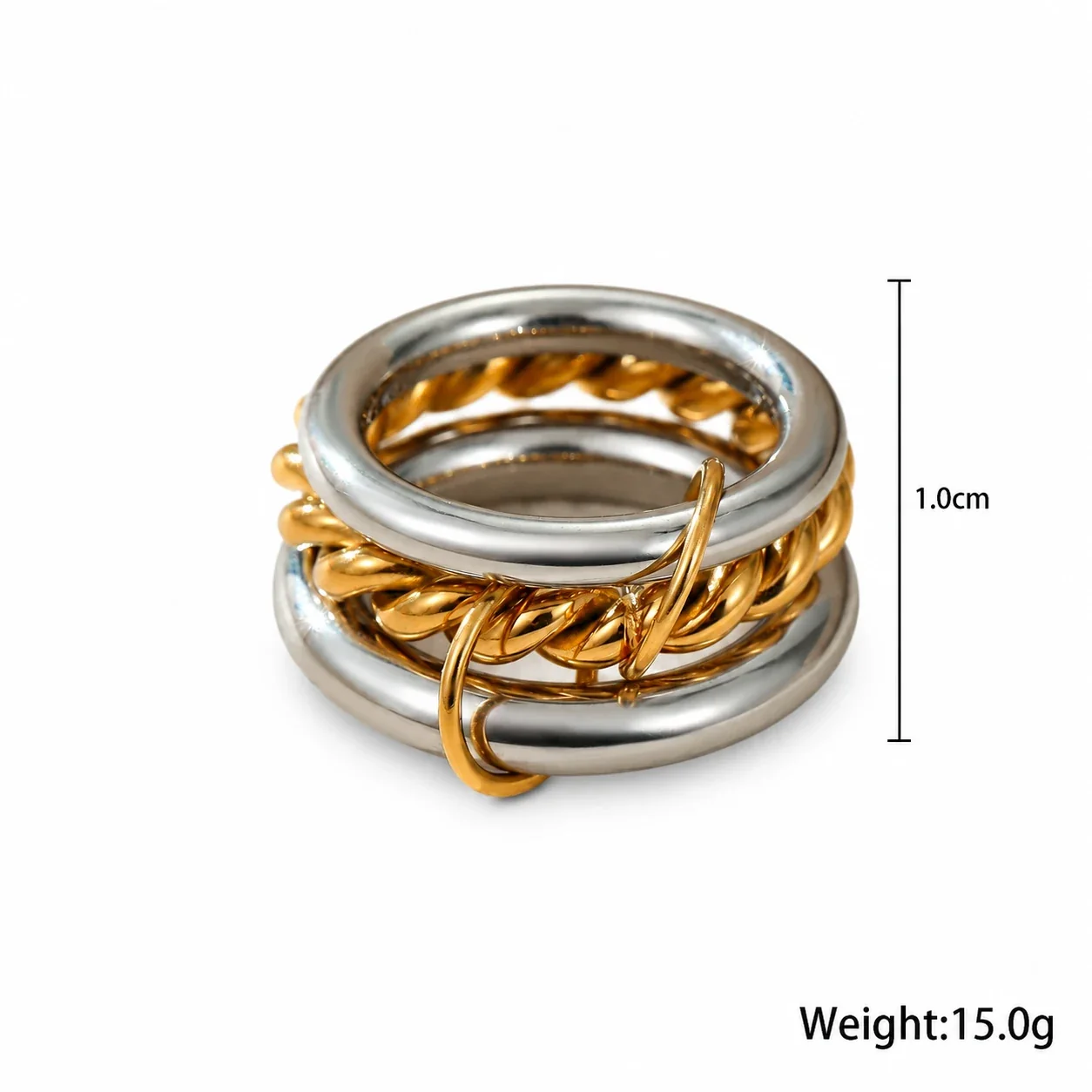 Stapring, Drie In Elkaar Grijpende Banden, Verguld Roestvrij Staal productfoto