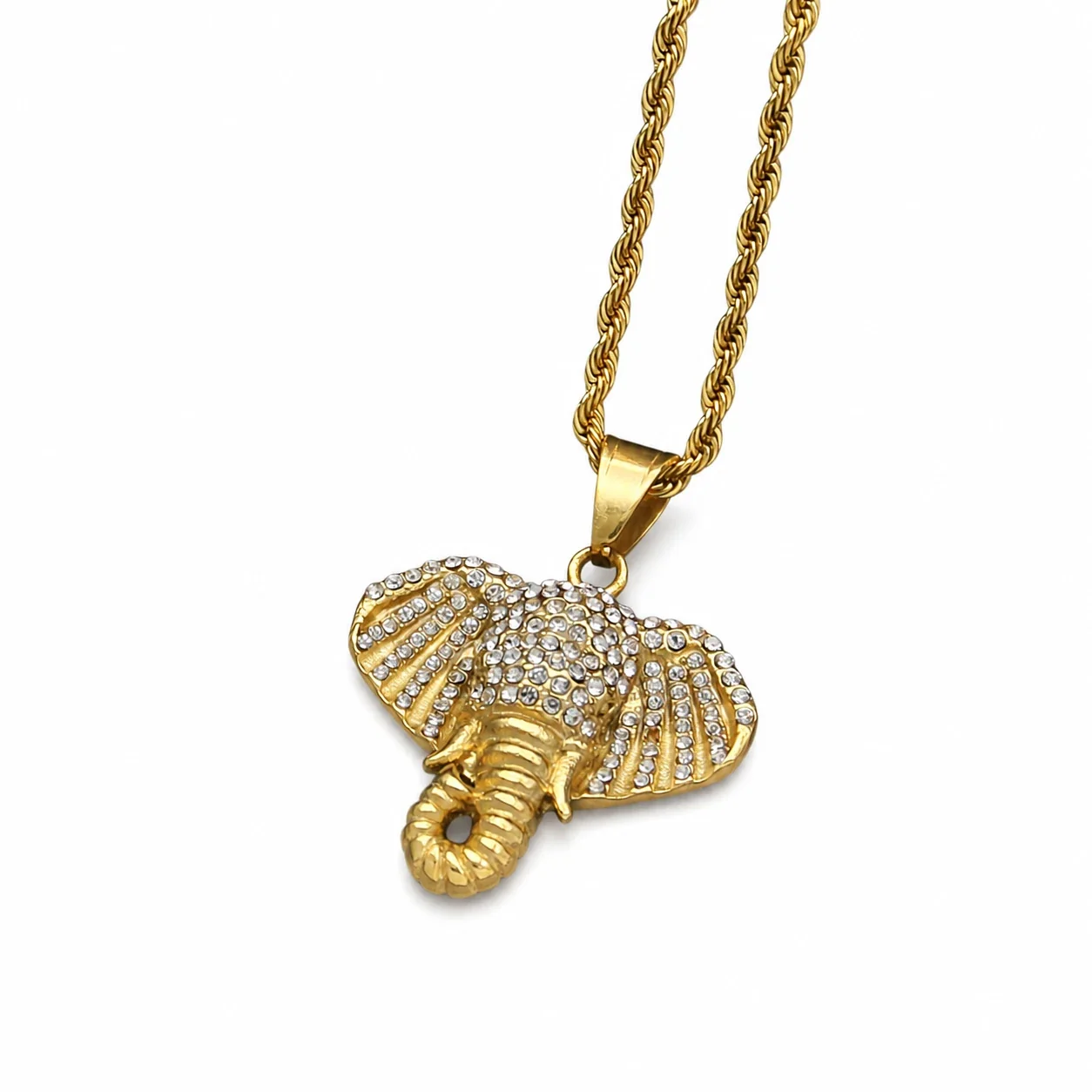 Iced Elephant Head 316 Stainless Steel Rope Bail Pendant PVD