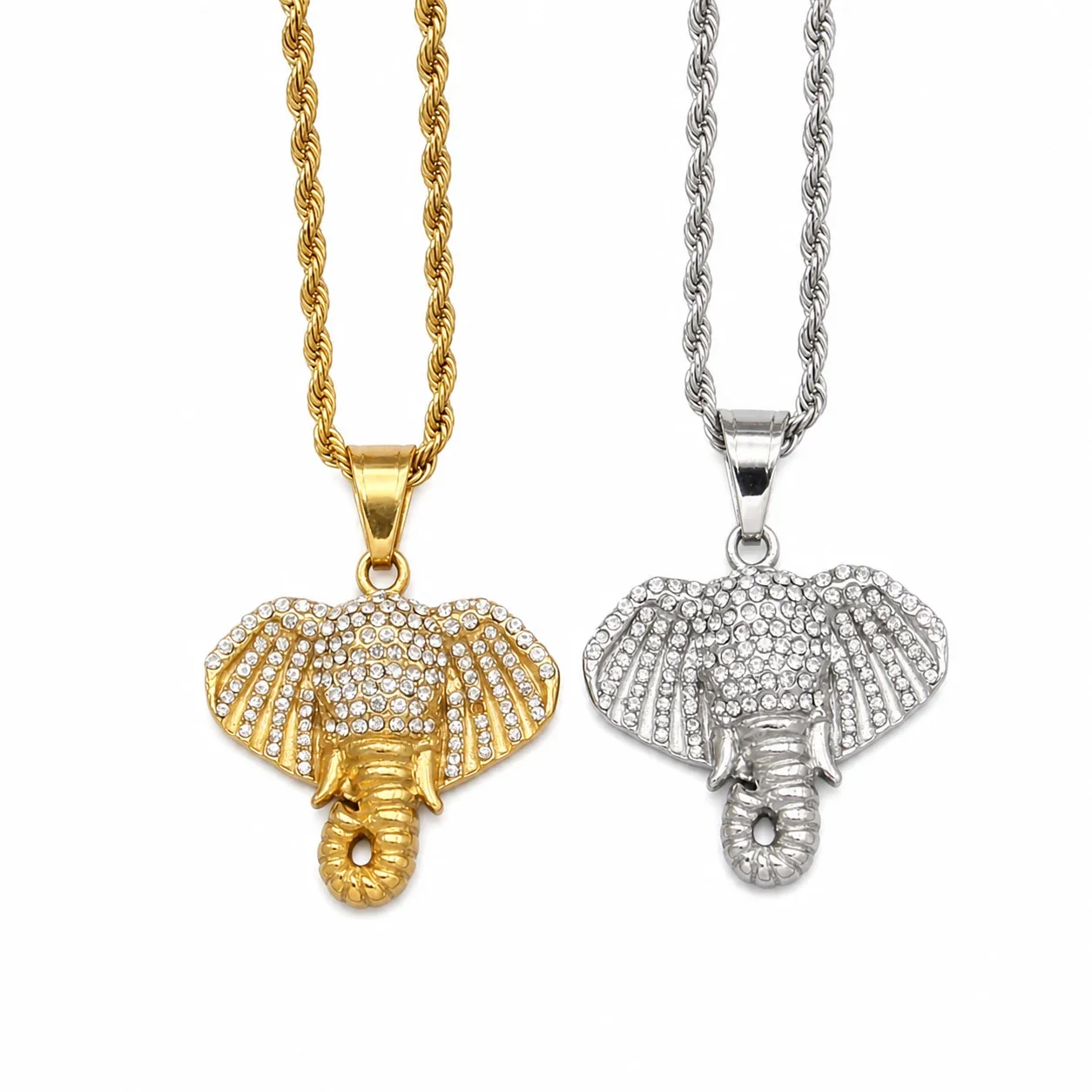Iced Elephant Head 316 Stainless Steel Rope Bail Pendant