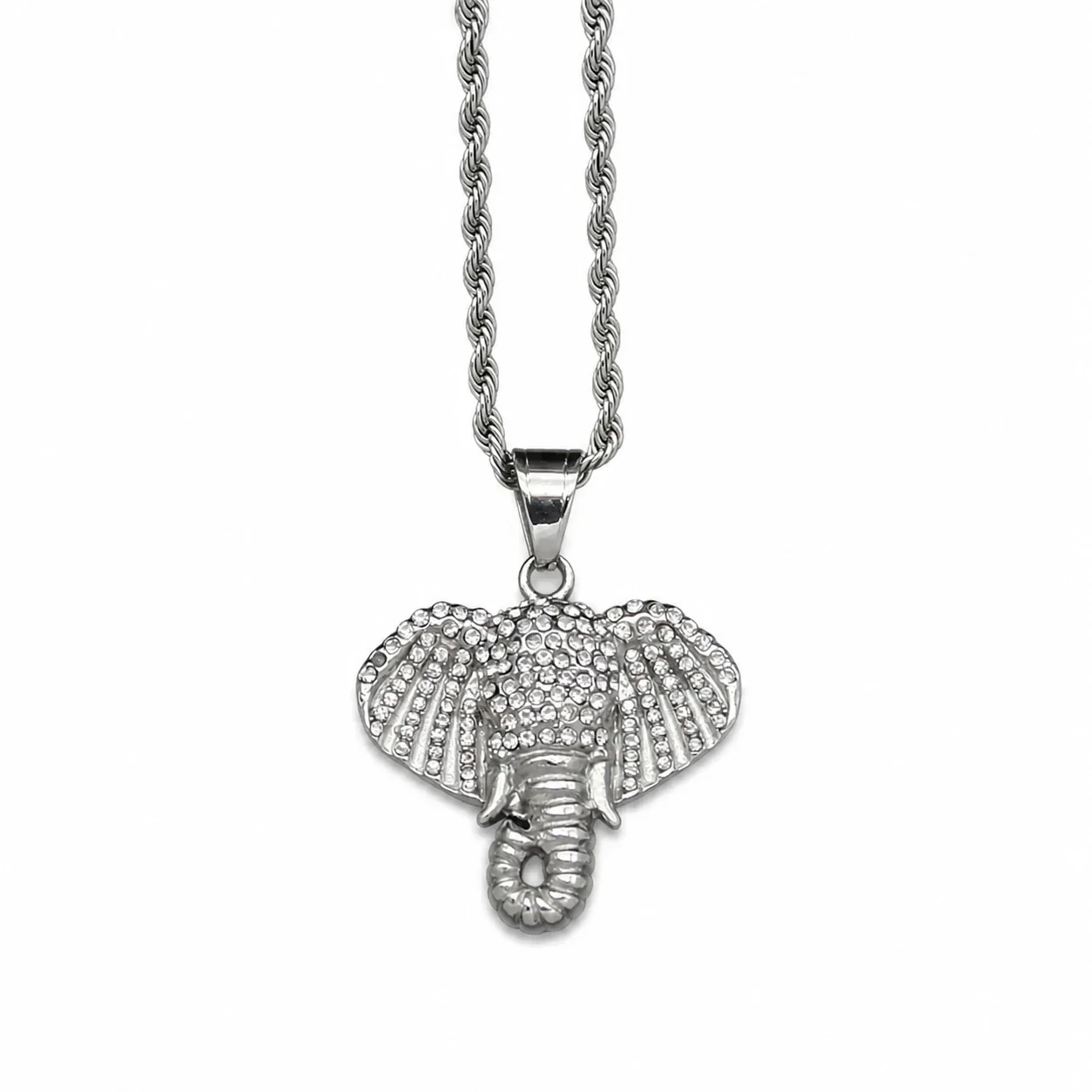 Iced Elephant Head 316 Stainless Steel Rope Bail Pendant