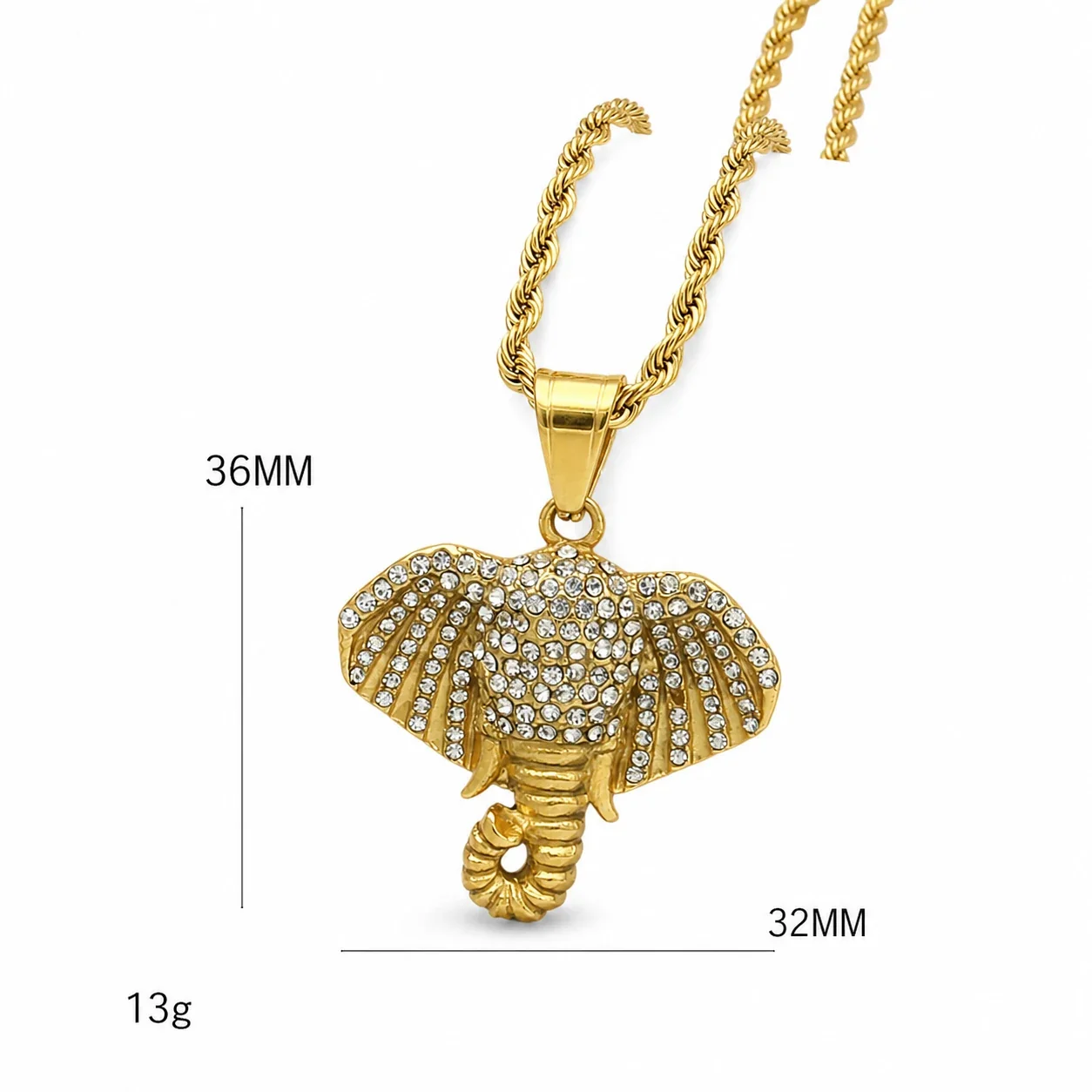 Iced Elephant Head 316 Stainless Steel Rope Bail Pendant