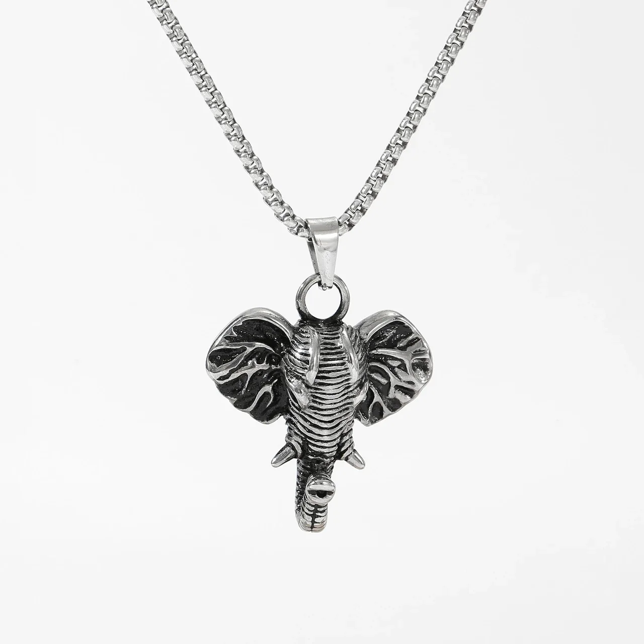 Elephant Head Box Chain Necklace, Stainless Steel