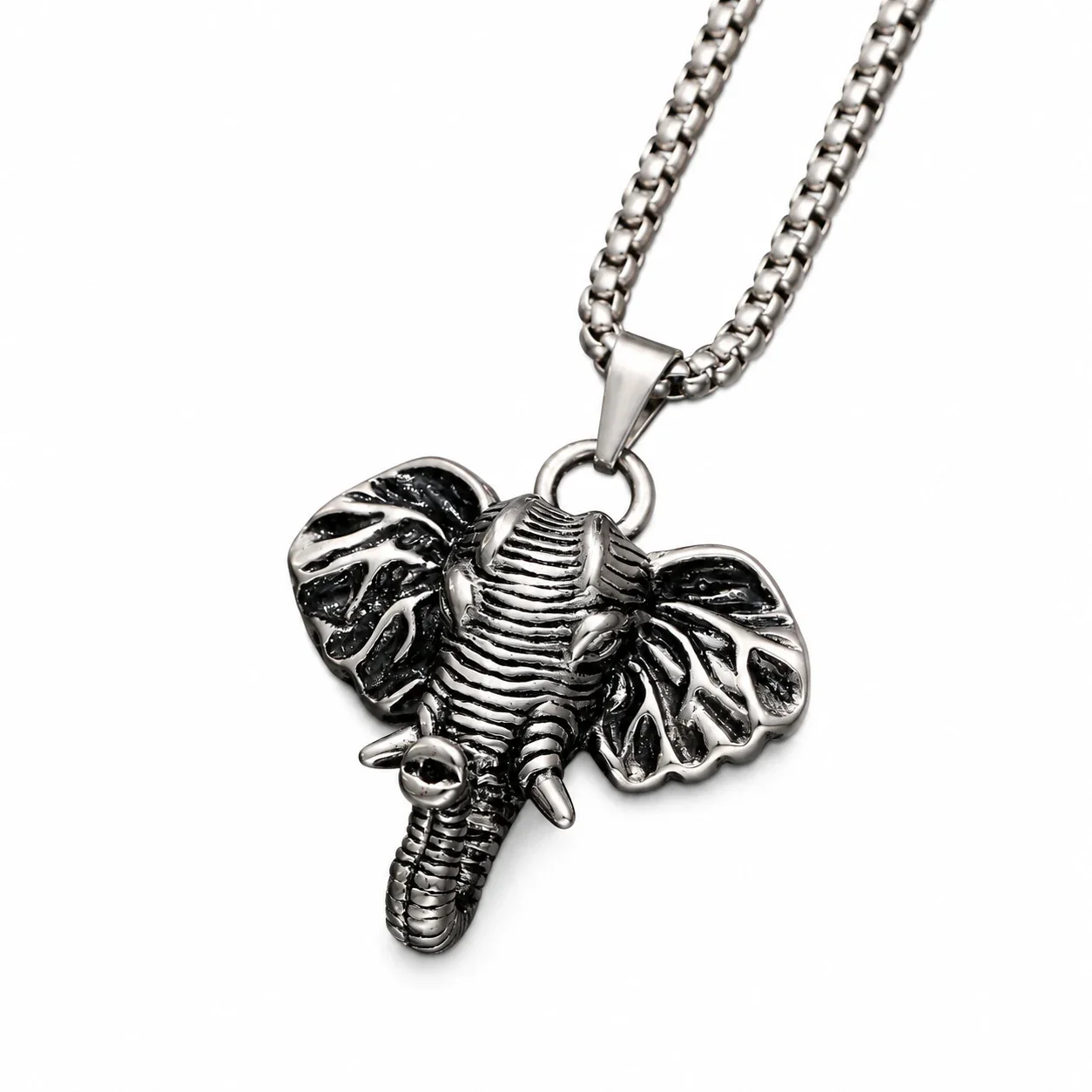 Foto del producto: Collar de cadena tipo caja con cabeza de elefante, acero inoxidable