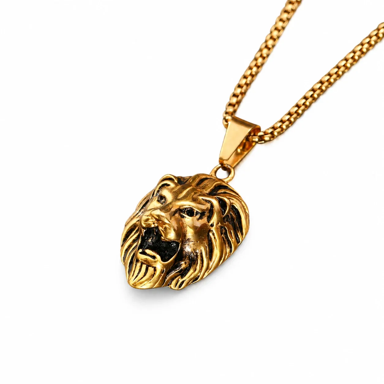 Foto del producto: Collar para hombre con colgante de cabeza de león, acero inoxidable, acabado chapado