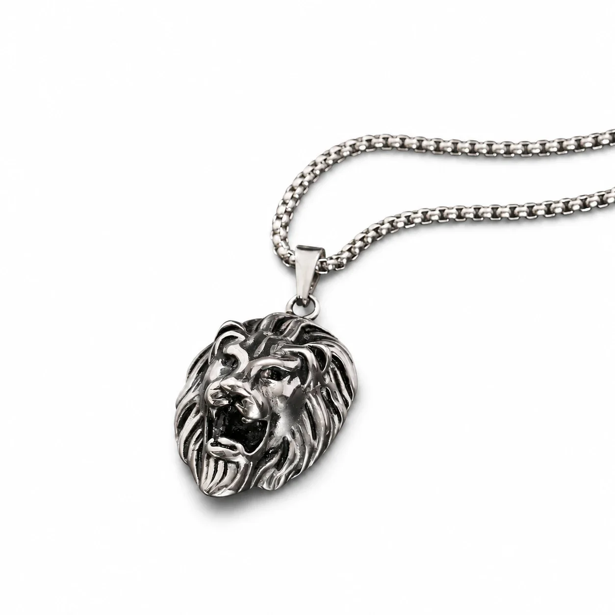 Foto del producto: Collar para hombre con colgante de cabeza de león, acero inoxidable, acabado chapado