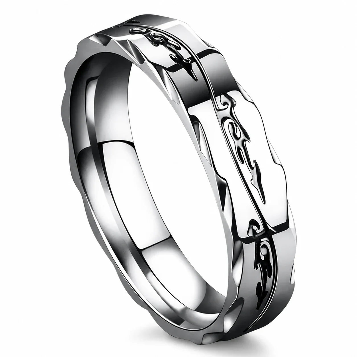 Edgy Silver-Plated Stainless Steel Dragon Notched Band Ring