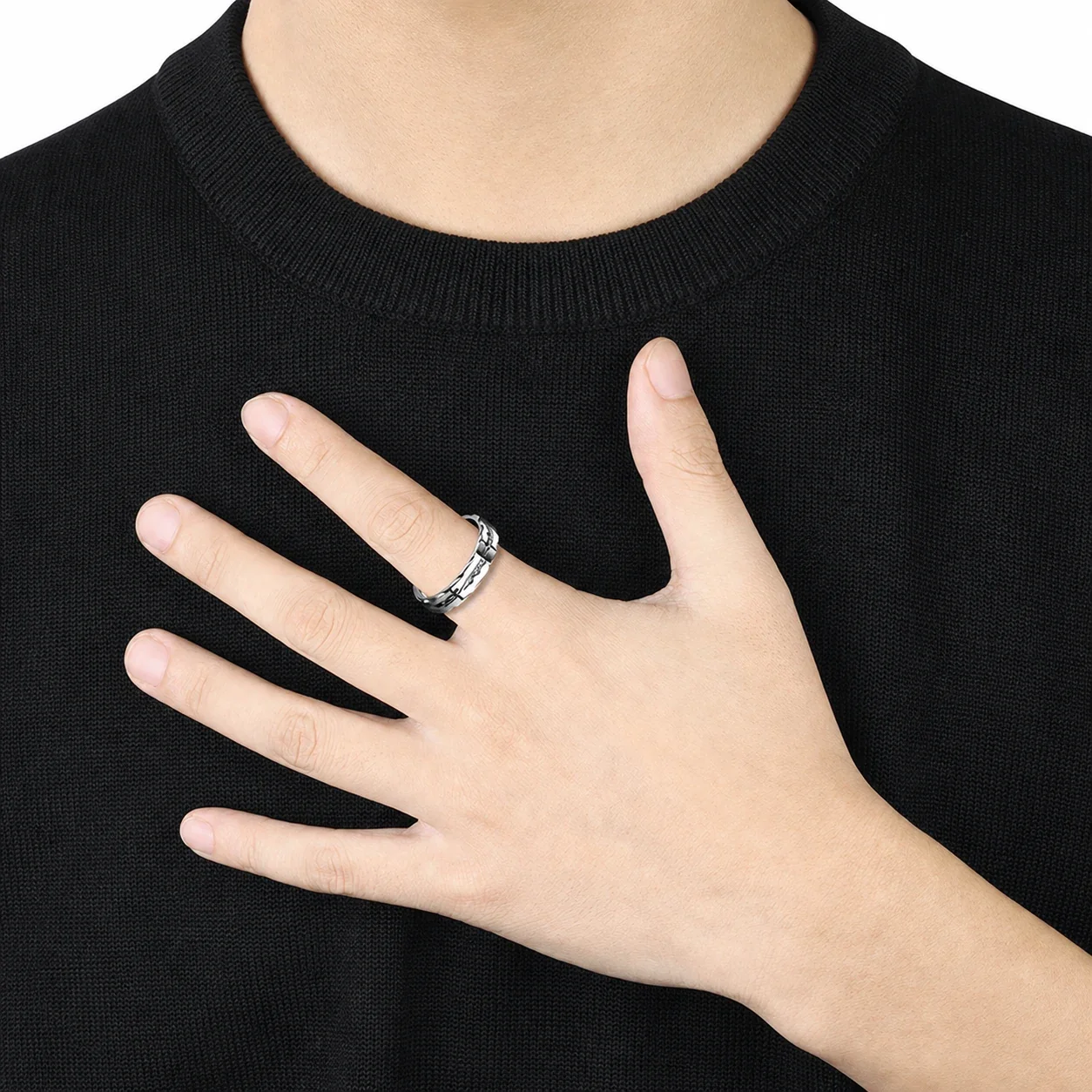 Edgy Silver-Plated Stainless Steel Dragon Notched Band Ring
