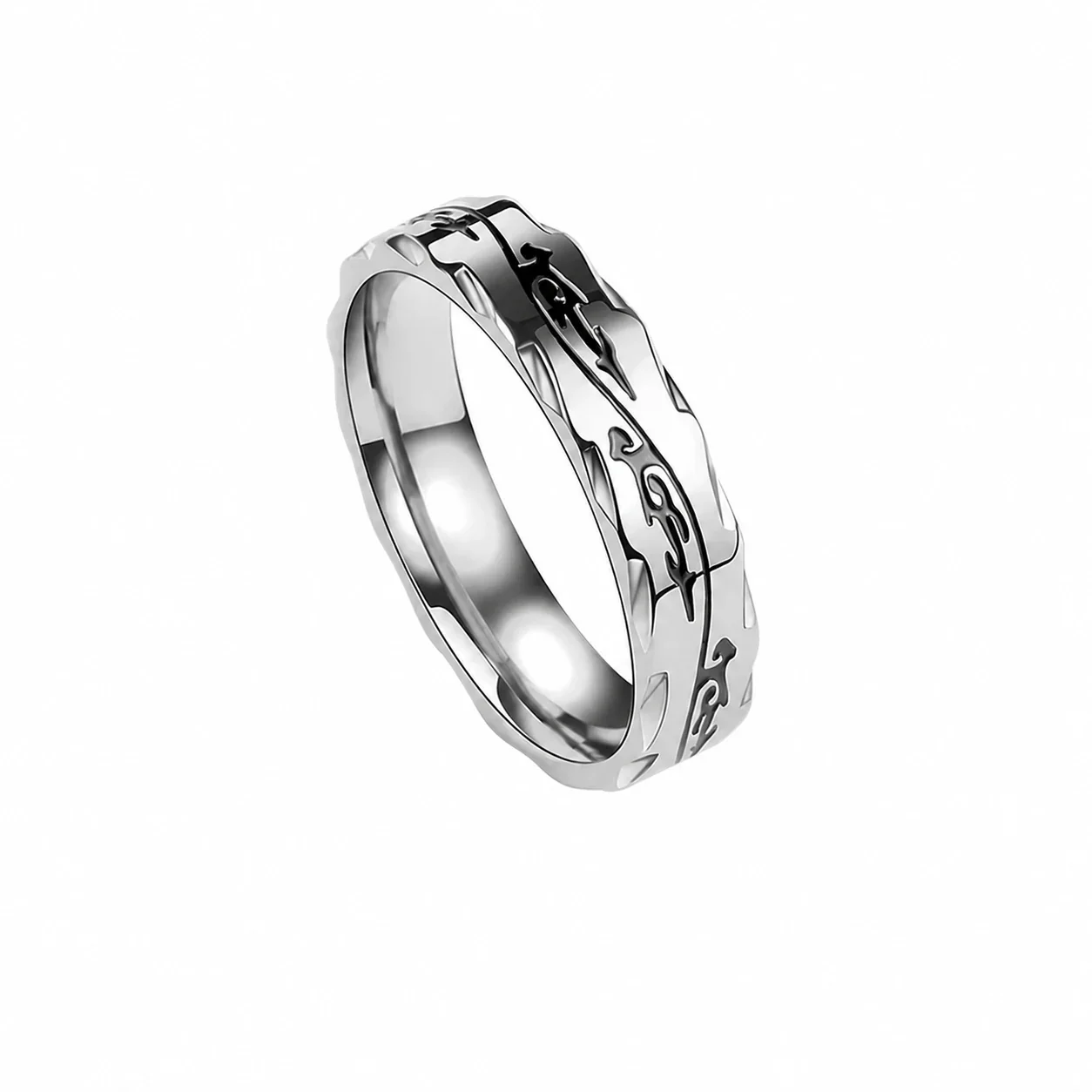 Edgy Silver-Plated Stainless Steel Dragon Notched Band Ring
