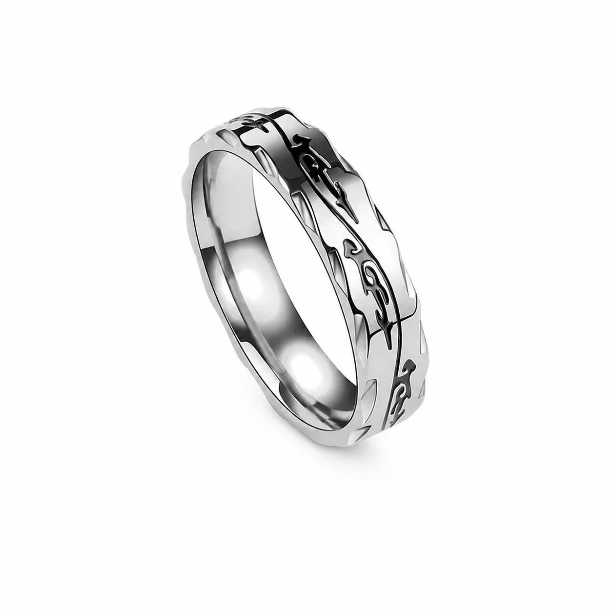 Edgy Silver-Plated Stainless Steel Dragon Notched Band Ring - 10