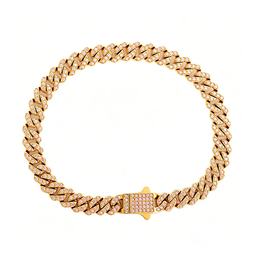 Bold 316 Stainless Steel Pavé Cuban Chain Bracelet - Gold mm Square Pink CZ