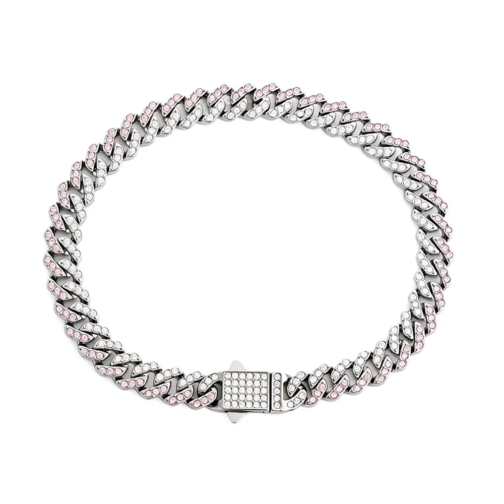 Bold 316 Stainless Steel Pavé Cuban Chain Bracelet - Silver mm Square Pink and White CZ