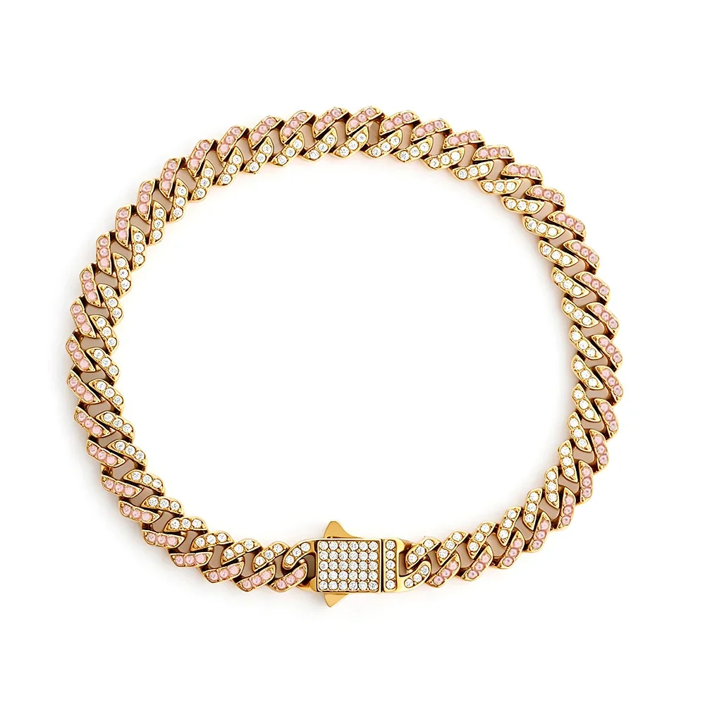 Bold 316 Stainless Steel Pavé Cuban Chain Bracelet - Gold mm Square Pink and White CZ