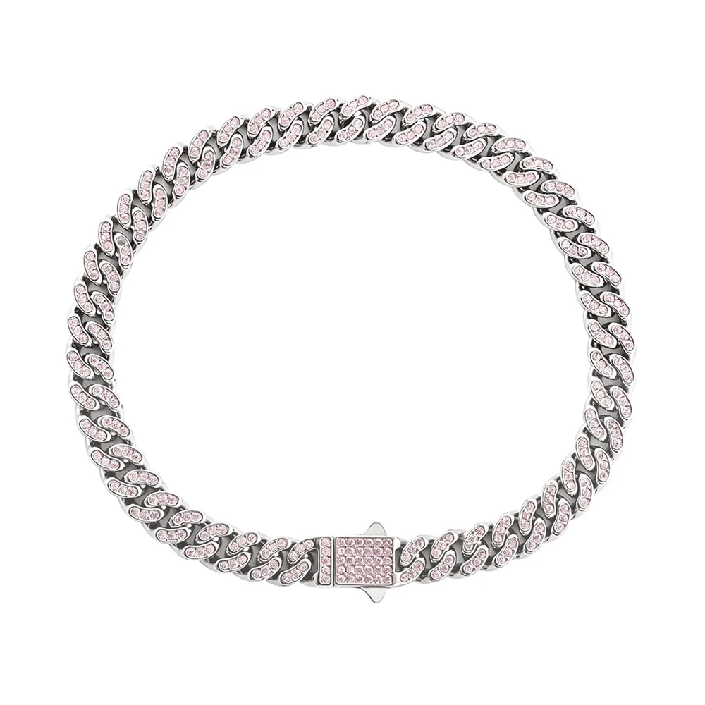 Bold 316 Stainless Steel Pavé Cuban Chain Bracelet - Silver mm Curved Pink CZ