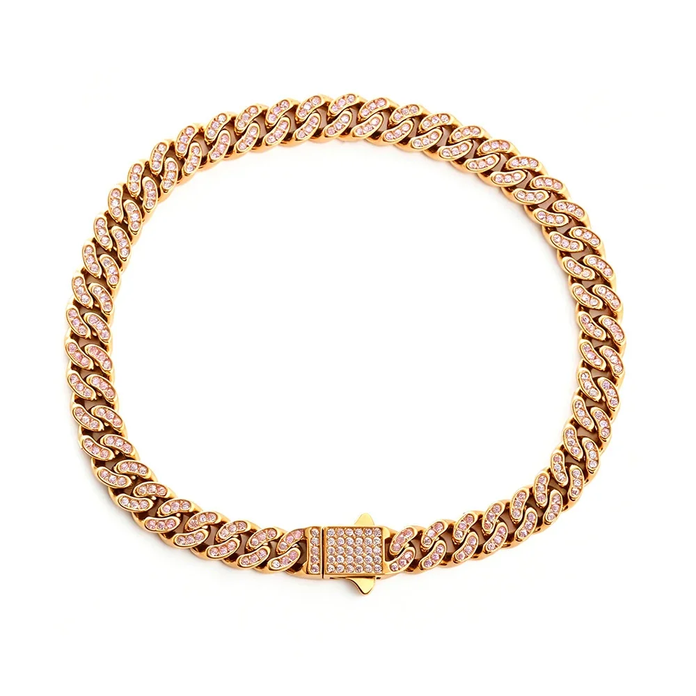 Bold 316 Stainless Steel Pavé Cuban Chain Bracelet - Gold mm Curved Pink CZ