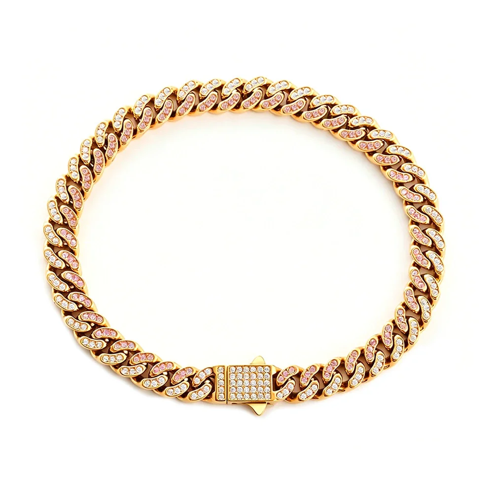Bold 316 Stainless Steel Pavé Cuban Chain Bracelet - Gold mm Curved Pink and White CZ