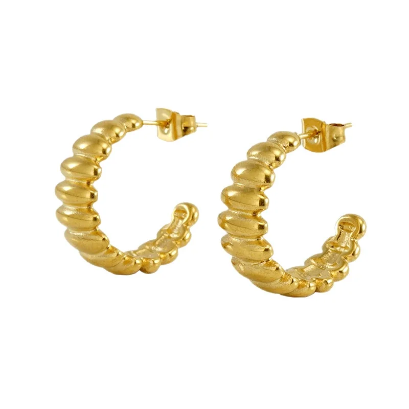 Sculptural Gold-Plated Ribbed Croissant Hoop Earrings