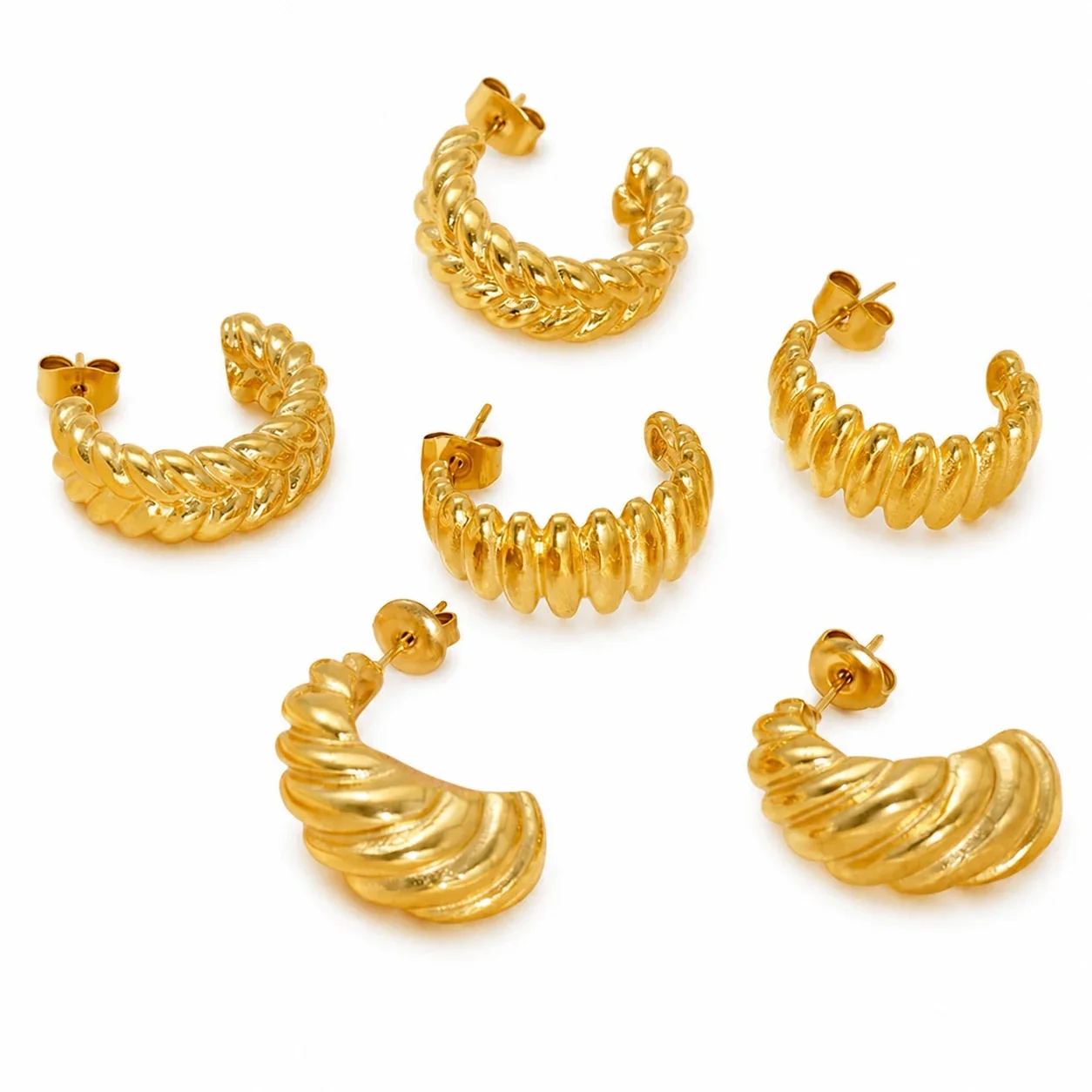 Sculptural Gold-Plated Ribbed Croissant Hoop Earrings