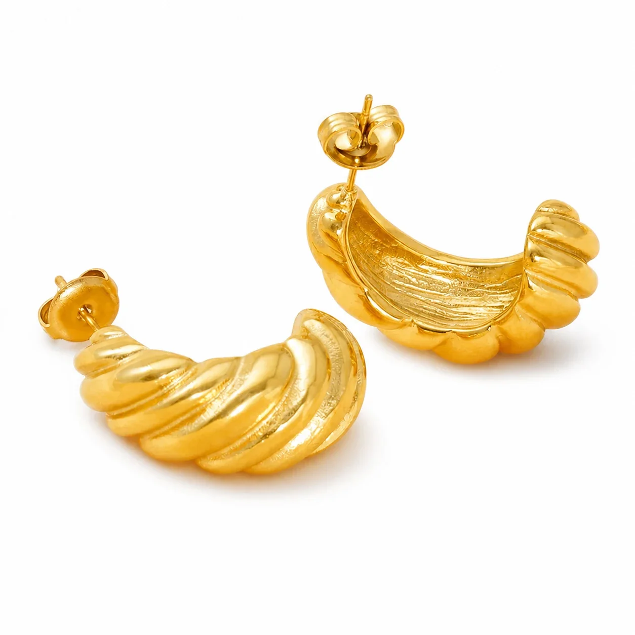 Sculptural Gold-Plated Ribbed Croissant Hoop Earrings
