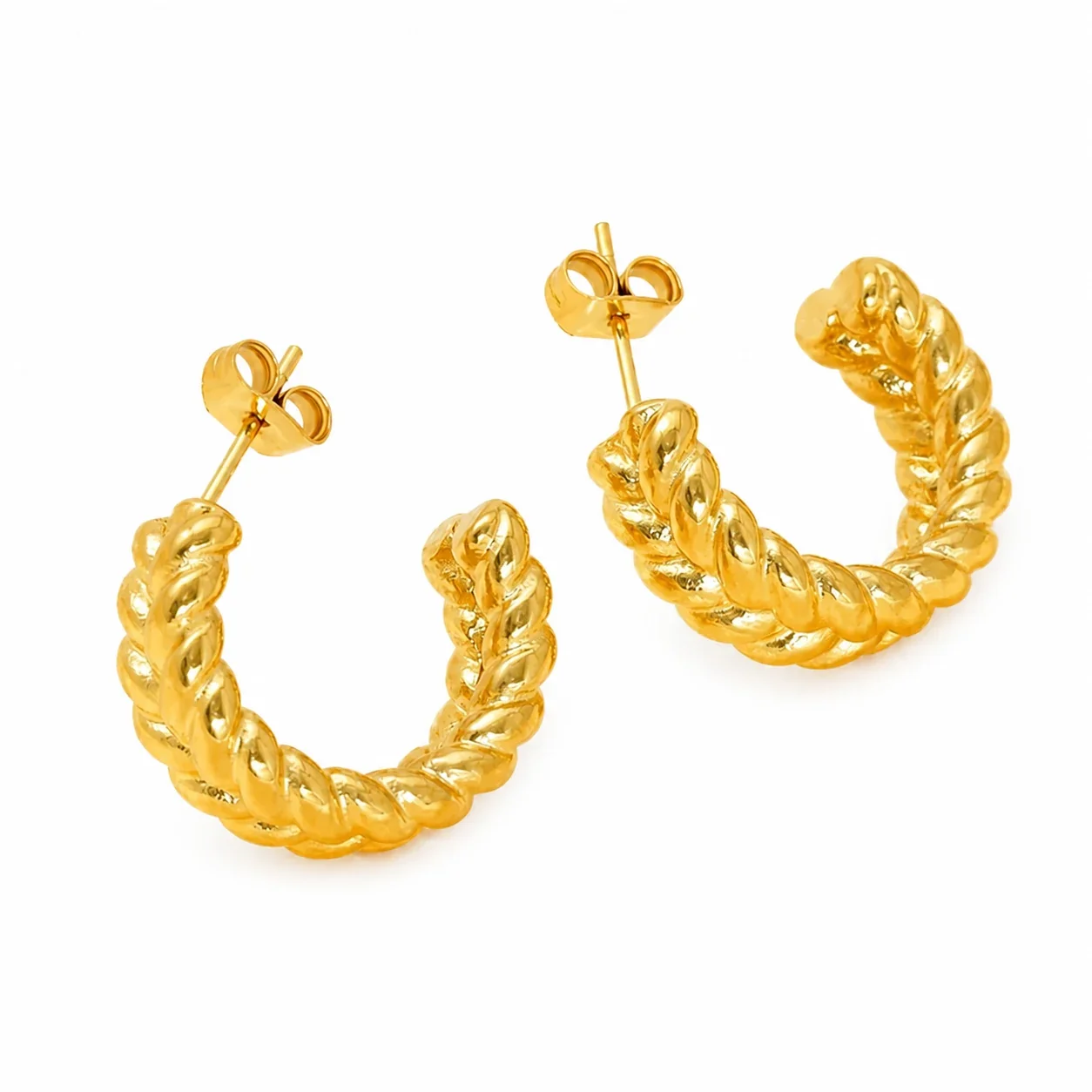 Sculptural Gold-Plated Ribbed Croissant Hoop Earrings