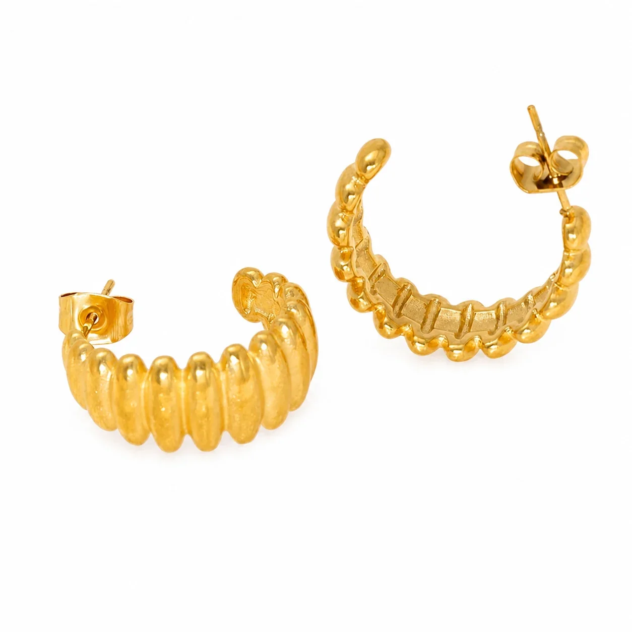 Sculptural Gold-Plated Ribbed Croissant Hoop Earrings