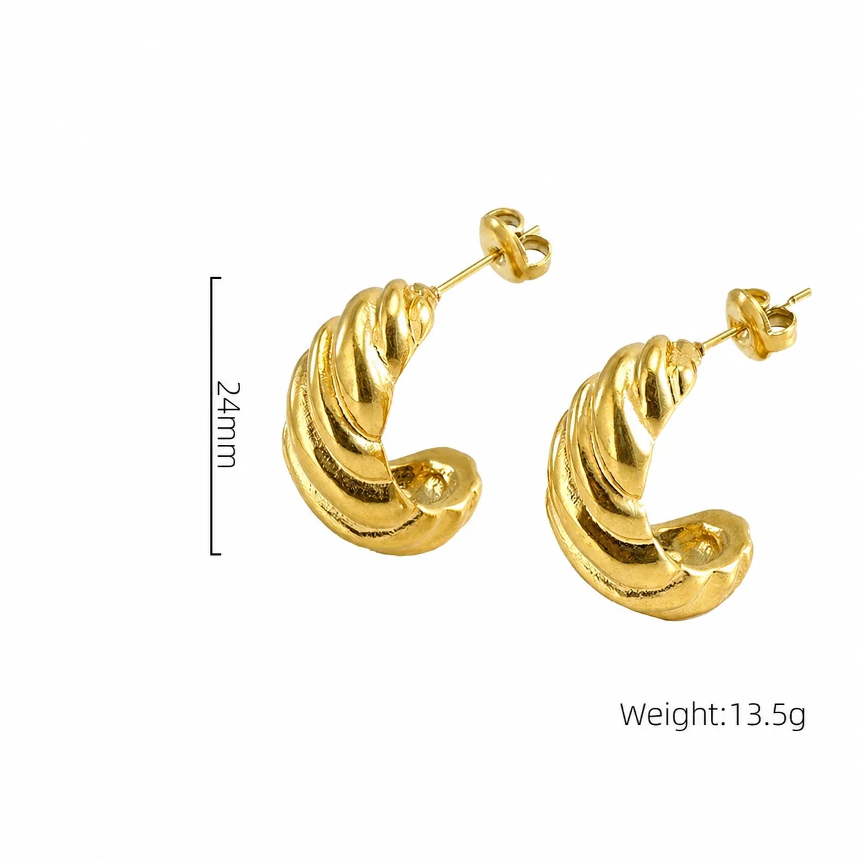 Sculptural Gold-Plated Ribbed Croissant Hoop Earrings - Gold Beaded Hoop