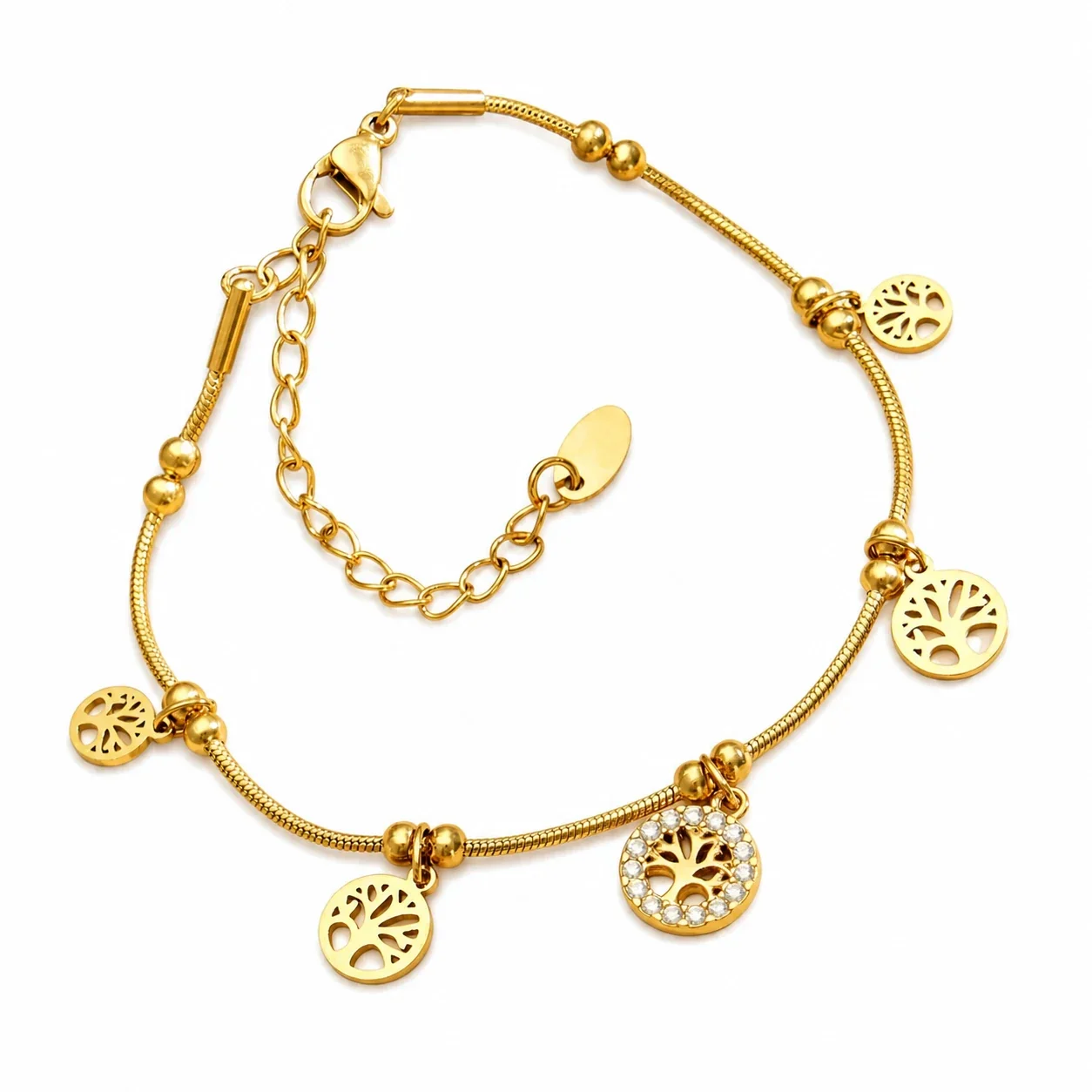 Delicate Gold PVD Tree Charm CZ Snake 316L Stainless Steel Chain Bracelet