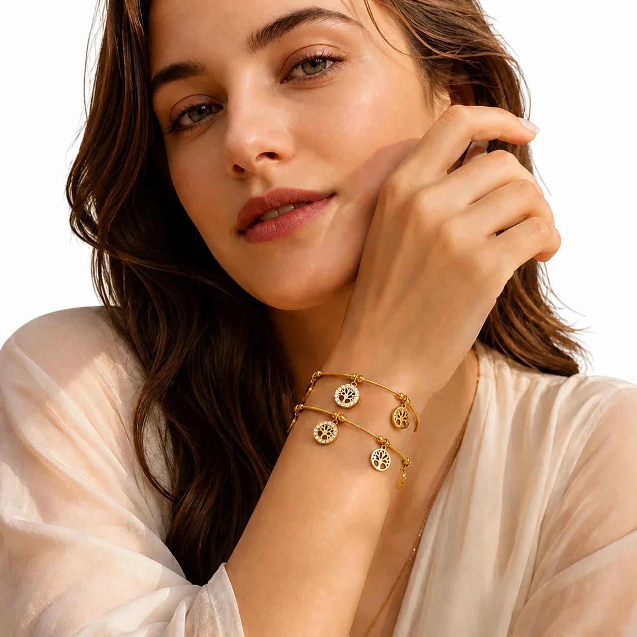 Delicate Gold-Plated Tree Charm CZ Snake Chain Bracelet