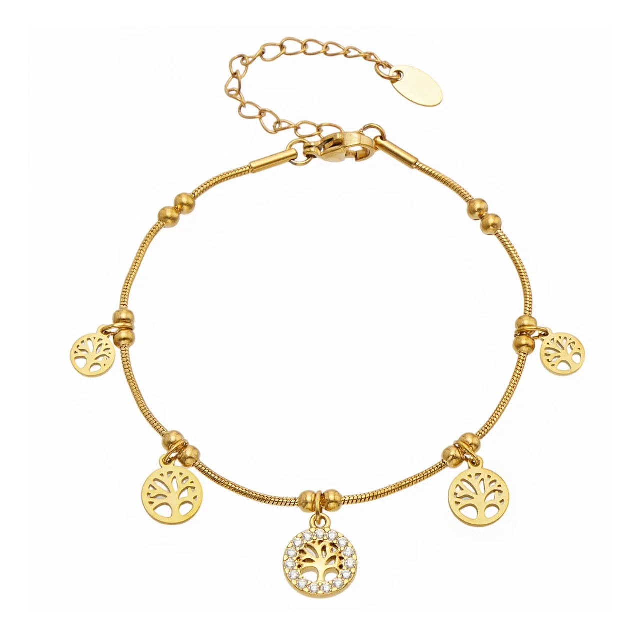 Delicate Gold-Plated Tree Charm CZ Snake Chain Bracelet