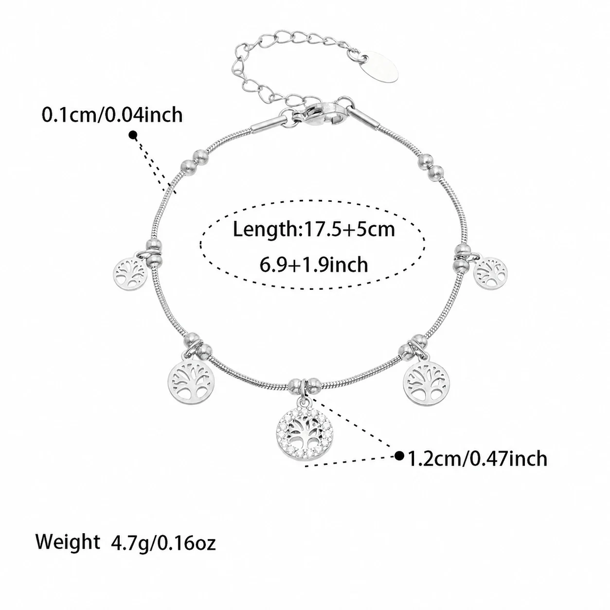 Delicate Gold-Plated Tree Charm CZ Snake Chain Bracelet - Silver