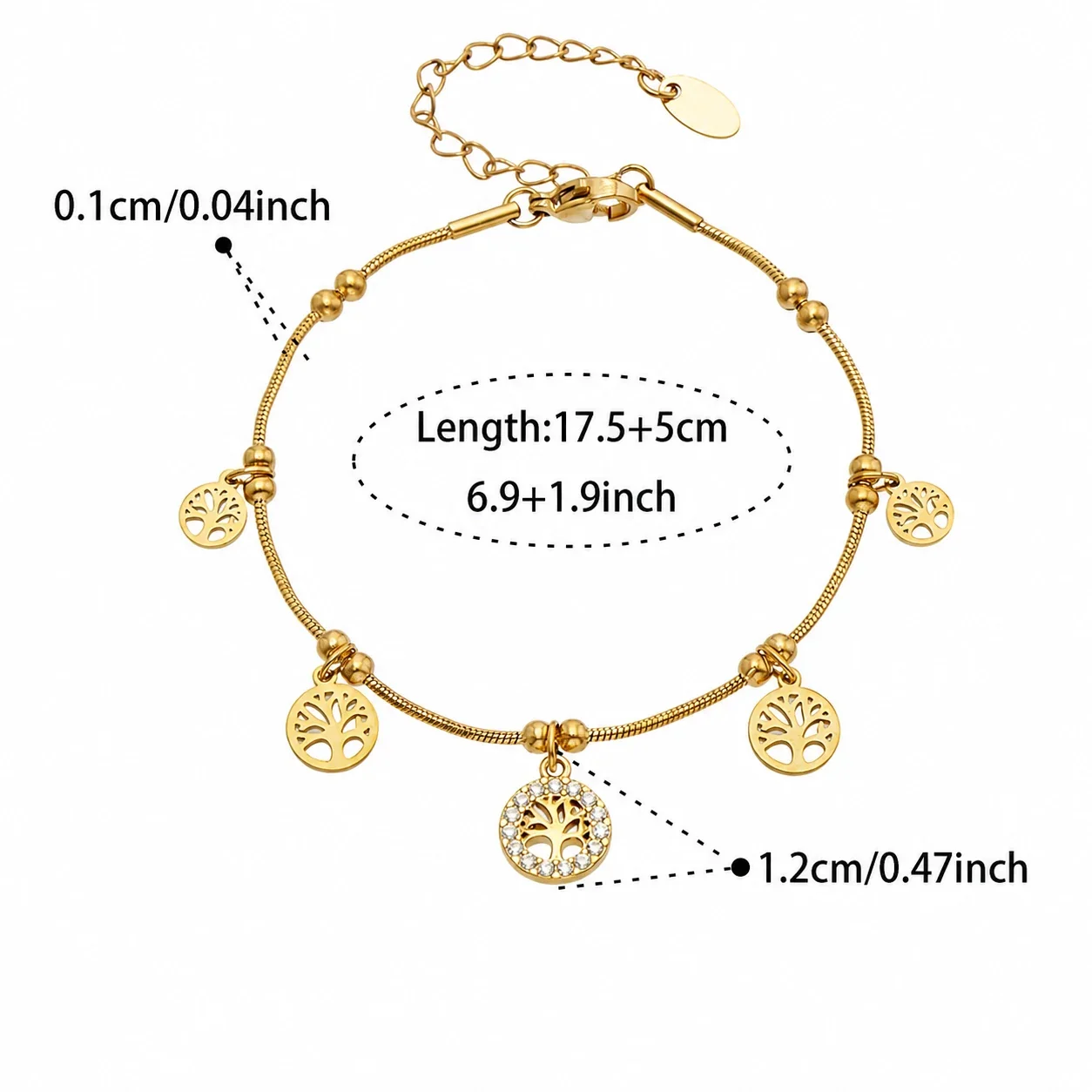Delicate Gold-Plated Tree Charm CZ Snake Chain Bracelet - Gold