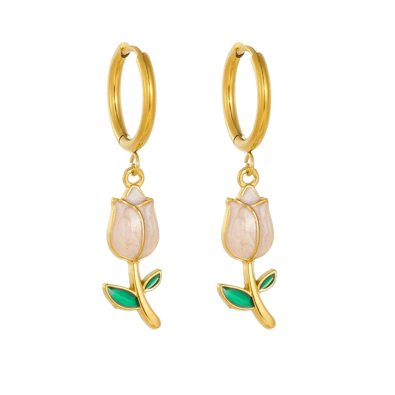 Tulip Enamel Drop Hoop Earrings, Gold-Plated Stainless Steel