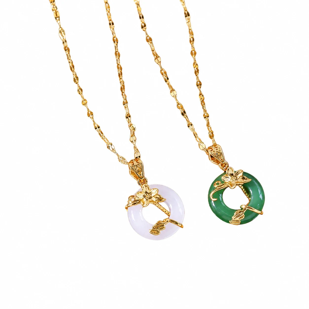 Pendant Necklace with Lotus and Donut Gemstone, Stainless Steel