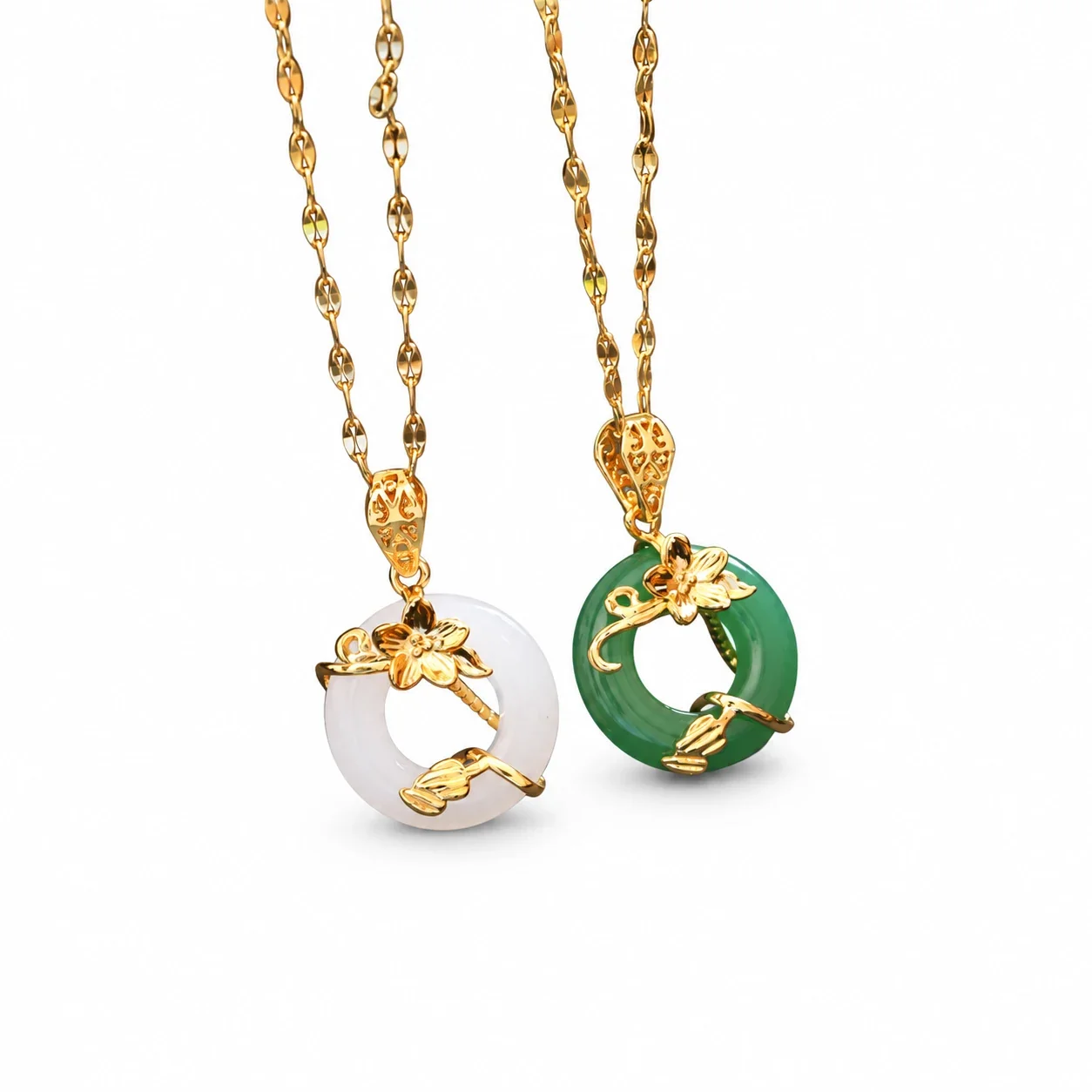 Pendant Necklace with Lotus and Donut Gemstone, Stainless Steel